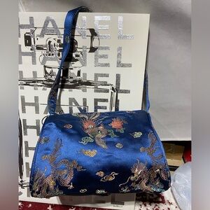 Asian Shoulder Purse, Blue Brocade,Bag.